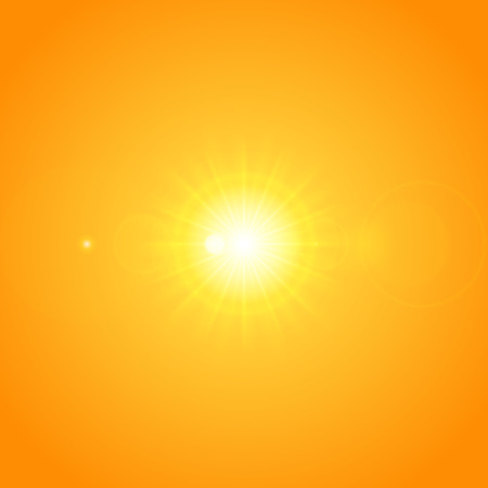 Sun with lens flare lights template and vector background. Sunrise or Sunset Special Effect Glowing Rays. Good for promotion materials, Brochures, Banners. Abstract Backdrop.のイラスト素材