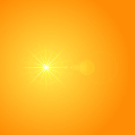 Sun with lens flare lights template and vector background. Sunrise or Sunset Special Effect Glowing Rays. Good for promotion materials, Brochures, Banners. Abstract Backdrop.のイラスト素材