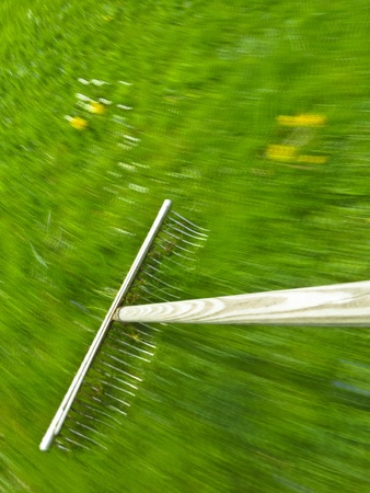 rake and grass in motion - gardening conceptの写真素材