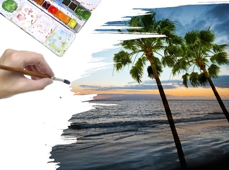 hand painting sea and sunetの写真素材