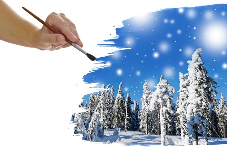 hand painting winter landscape             の写真素材