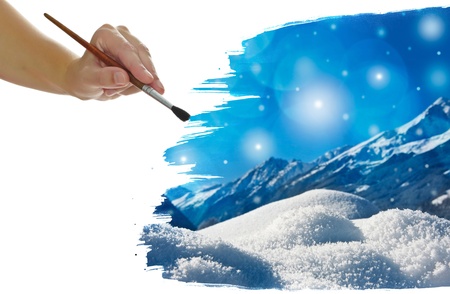 hand painting winter mountain landscapeの写真素材