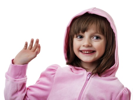  girl wearing a pink jacket with hood isolated on white backgroundの写真素材