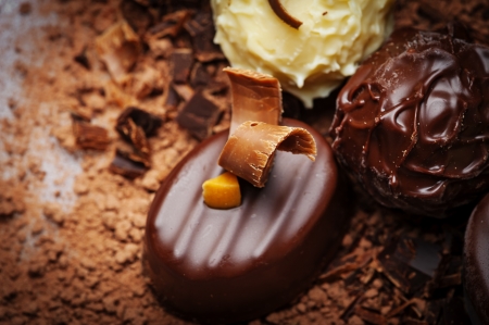chocolate background with pralines in detailの写真素材