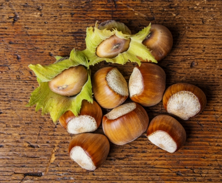 hazelnuts on a wooden table