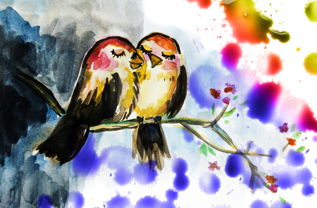 two cute birds - watercolor illustrationの写真素材