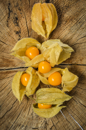 Physalis fruit ( Physalis peruviana) ion a wooden background の写真素材