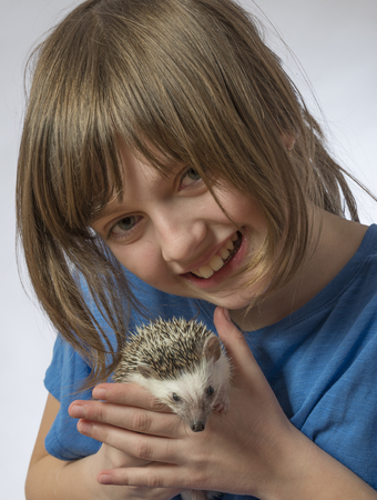 a happy litle girl with her pet African pygmy hedgehogの写真素材