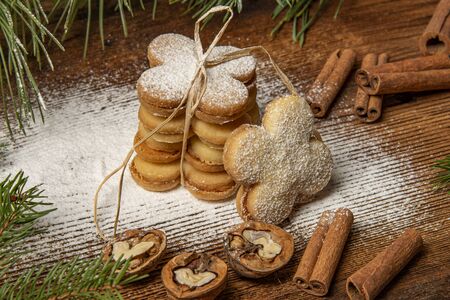 sweet christmas cookies on old wooden table