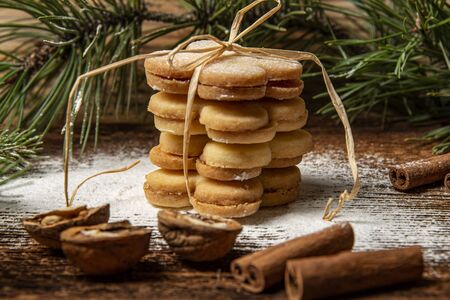 sweet christmas cookies on old wooden table