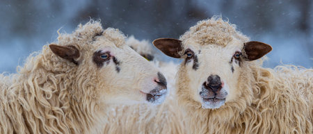 sheep close up in winter landscapeの写真素材