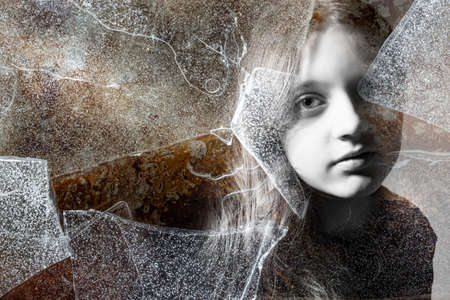 little girl and art texture - black and white art portraitの写真素材