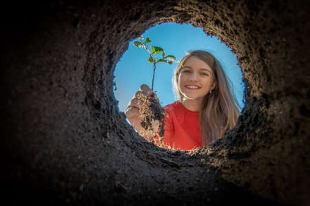 Girl holding tree seedling - planting forestの写真素材