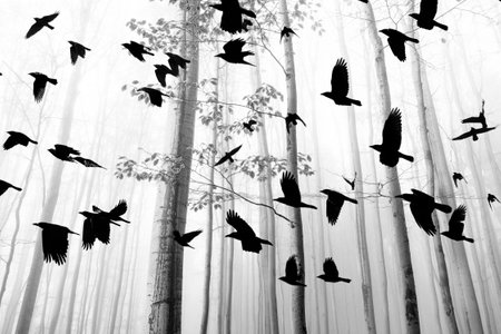 an autumn forest and fog and birdsの写真素材
