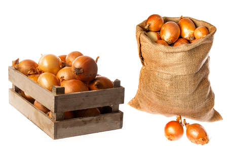 a sack with onion and wooden box with onion isolated on a white backgroundの写真素材