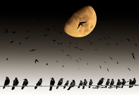 the moon and black silhouettes of flying birdsの写真素材