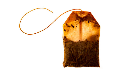 Used tea bag on white backgroundの写真素材