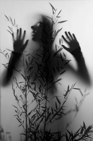 shadow of a girl behind transparent paperの写真素材