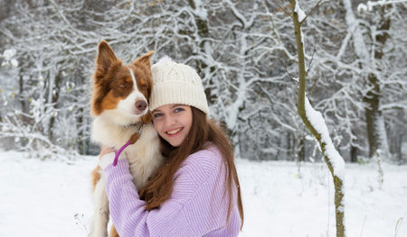 Portrait of happy young woman with her australian shepherd dog in the winter park
