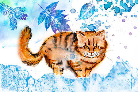 brown fluffy siberian cat in the snowy winter garden - watercolor pictureの写真素材