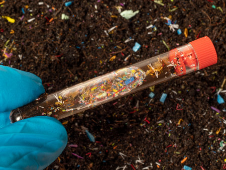 Microplastics in soil a test tube with soil sample - soil contaminated with mineral microplasticsの写真素材