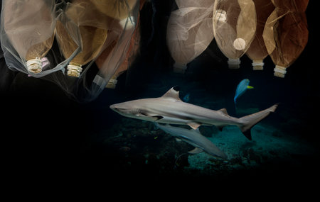 fish and shark in sea water contaminated with plastic bootles and plastic bags - global change - pollutionの写真素材
