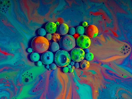 watercolors and oil artistic macro photography, behaviour of oil and water when brought togetherの写真素材