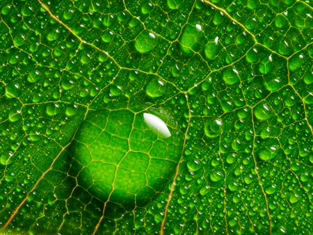 macrophotograph of a dewy tropical leaf - leaf in the detail