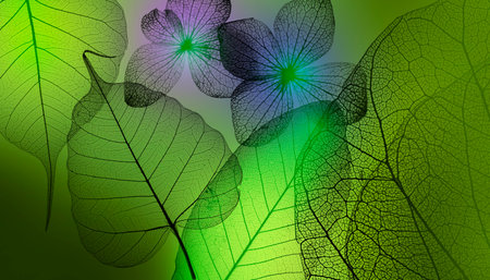 leaves skeletons with veins and cells macro photographの写真素材
