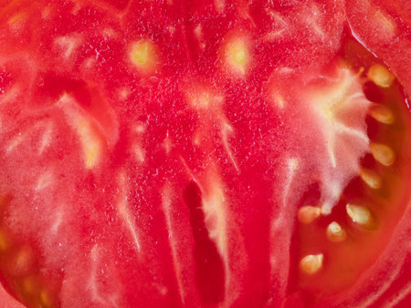 macro detail of inside fresh tomato, sliced tomato close upの写真素材