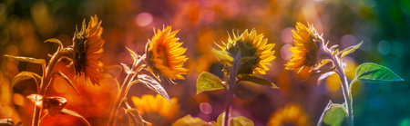 sunflowers on a field and beautiful bokeh - soft focus art pictureの写真素材