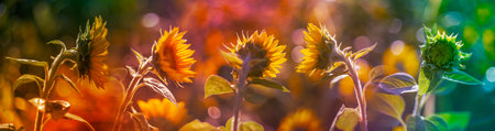 sunflowers on a field and beautiful bokeh - soft focus art pictureの写真素材