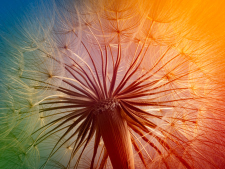 flower fluff, dandelion seeds - beautiful macro photography with abstract bokeh backgroundの写真素材