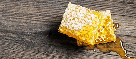 honeycomb on a wooden table close upの写真素材