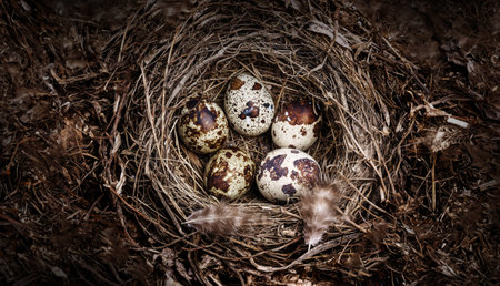 nest with quail eggsの写真素材
