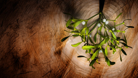 mistletoe branch on a wooden backgroundの写真素材