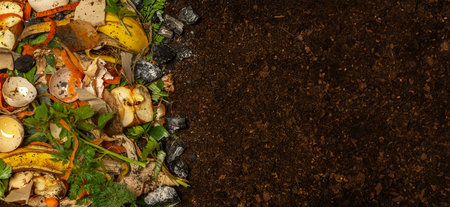 organic compost - biodegradable kitchen waste, wood ash, paper and soil.の写真素材