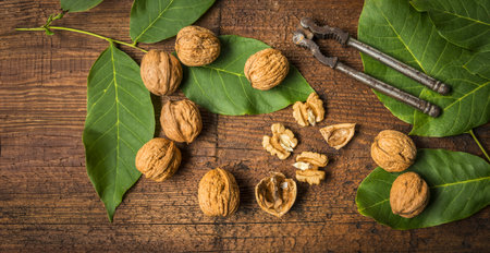 fresh walnuts on an old wooden tableの写真素材