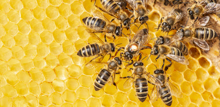 the queen (apis mellifera) marked with dot and bee workers around her - bee colony lifeの写真素材