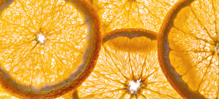 orange slices in the macro detail on a white backgroundの写真素材