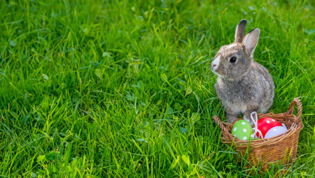 little rabbit and easter eggs in grassの写真素材