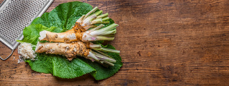 grated horseradish on a tableの写真素材