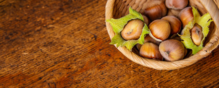 hazelnuts on a basketの写真素材