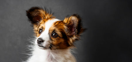 cute papillon puppy isolated over blackの写真素材