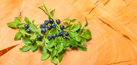 blueberries in the detail on a wooden tableの写真素材