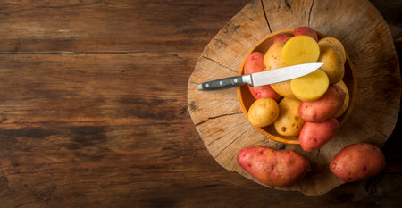 fresh raw potatoes on an old tableの写真素材
