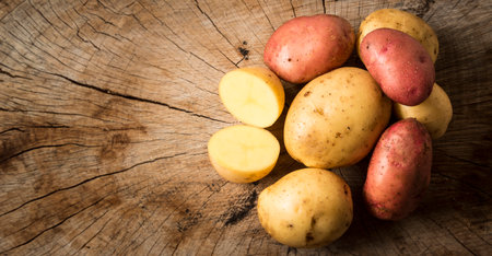 fresh raw potatoes on an old tableの写真素材