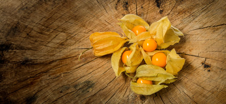 Physalis fruit ( Physalis peruviana) ion and wooden backgroundの写真素材