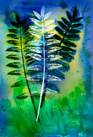 abstract hand painted botanical art - leaves and plants painted on paper with watercolors - original artworkの写真素材