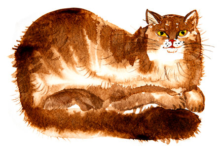 cute cat illustration hand painted on a paper with aquarelle colorsの写真素材